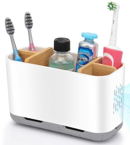 GFWARE Toothbrush Holders for Bathrooms - Bamboo Divider Toothbrush and Toothpaste Holder with Drainage, Kids Electric Toothbrush Organizer for Bathroom Countertop, White Tooth Brush Holder - color: White-l