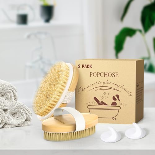 POPCHOSE Dry Brushing Body Brush, Natural Bristle Dry Skin Exfoliating Brush Body Scrub for Flawless Skin, Cellulite Treatment, Lymphatic Drainage and Blood Circulation Improvement - size: 2 Count (2*Boar Bristles)