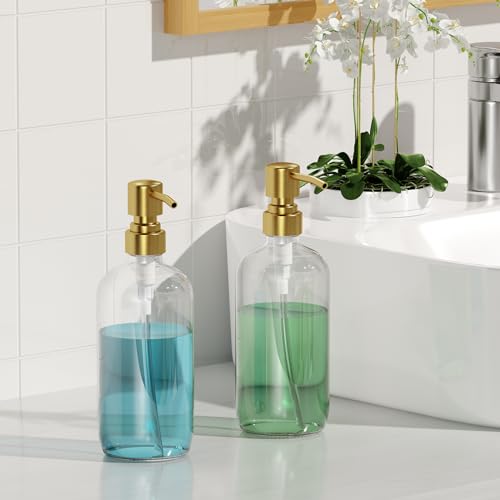 AmazerBath Soap Dispenser, 2 Pack Glass Soap Dispenser with Pump Stainless Steel, 17 Oz Clear Gold Hand Soap Dispensers for Bathroom and Kitchen - color: Cear & Gold