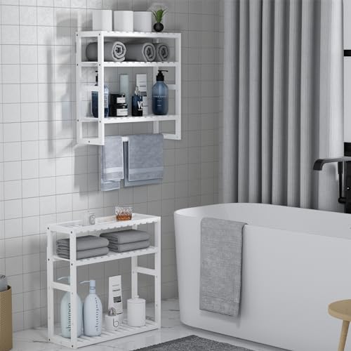 Towel Rack Bathroom Storage Shelves Over The Toilet with Towel Bar 100% Bamboo Adjustable Height Floating Shelf Wall Shower Shelf for Small Space Bathroom Kitchen Multi Usage White New 2Pack - color: Updated White 2pack