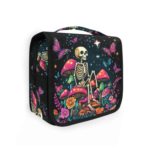MNSRUU Hanging Toiletry Bag Skeleton Sitting on Mushrooms with Butterflies Travel Makeup bag for Toiletries Portable Travel Toiletry Organizer Cosmetic Bags with Hanging Hook - color: Skeleton A14152