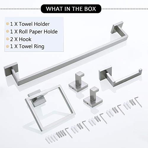 Bathroom Towel Bar Set 5 Pieces Brushed Nickel Square Modern Bathroom Hardware Set,Stainless Steel Wall Mounted 23.6-Inch - color: Brushed