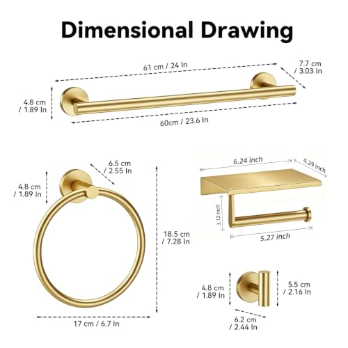 Gold 5-Piece Bathroom Hardware Set, 23.6 Inch Towel Bar Set SUS304 Stainless Steel Towel Racks for Bathroom Round Towel Bar, Towel Ring, Toilet Paper Holder, 2 Robe Hooks, Wall Mounted - color: Gold