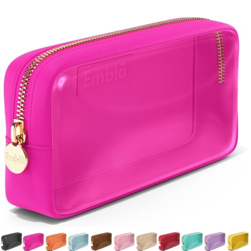 Embla Clear Cosmetic Bag Makeup Case, Clear Zipper Make Up Pouch and Toiletry Travel Tote, Cute Skincare Pouches for Women Girls, Preppy Purse Cosmetic Organizer, Small Makeup Bags, Fuchsia | Small Pink Clear Nylon/PVC Cosmetic Bag with Zipper, Waterproof