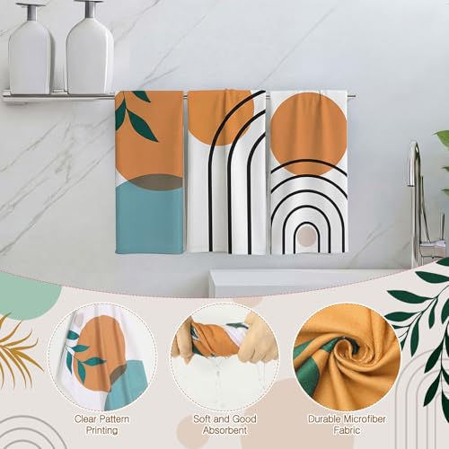 Haull 7 Pcs Boho Abstract Shower Curtain Set with Non-Slip Rugs Toilet Lid Cover Bath Mat Towels, Mid Century Modern Geometric Leaf Minimalist Bathroom Decor for Home Bathroom Set with 12 Hooks - style: Boho