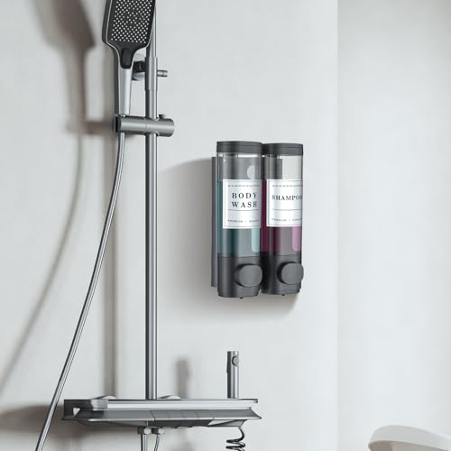 Shampoo and Conditioner Dispenser Shower Dispenser Body Wash Wall Mounted Shampoo Dispenser for Shower Wall No Drill for Bathroom Hotel 2 Chamber x 300ml Black with Waterproof Labels - color: Black 2