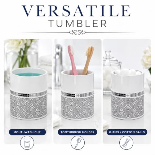 Mirror Damask Toothbrush and Toothpaste Holder - Bathroom Tumbler Cup | Gray & White round Electric Bathroom Tooth brush and Toothpaste Holder, Makeup Brushes organizer - color: Toothbrush Cup