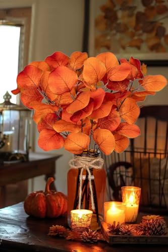 Briful Artificial Eucalyptus Stems in Amber Glass Vase with Faux Water, 14" Fake Fall Plant Autumn Eucalyptus Leaves for Home Farmhouse Wedding Centerpiece Bathroom Décor - color: Orangered