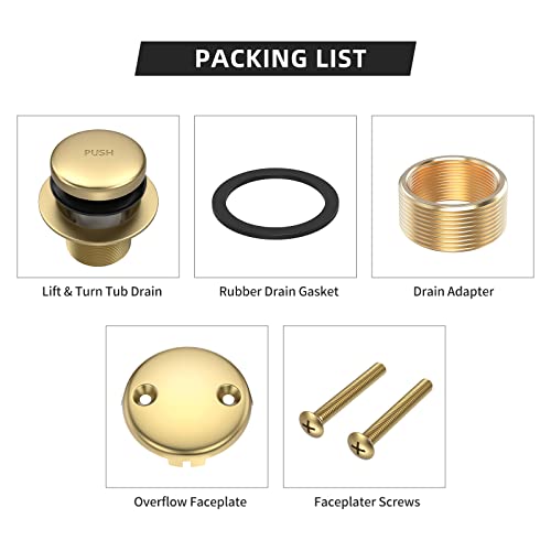 All Metal Tip-Toe Bathtub Drain Kit with Two-Hole Overflow Faceplate and Universal Fine/Coarse Thread Assembly, Bath Tub Drain Kit fits All Bathtub -Brushed Gold - color: Brushed Gold
