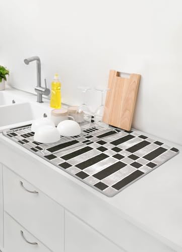 FloorPops, Checker Black Quick Dry Diatomite Non Slip Stone Bath Mat, Rug, Checker Black Stone, Checkered, Rectangular, Large 24-in x 16-in - color: Checker Black Stone