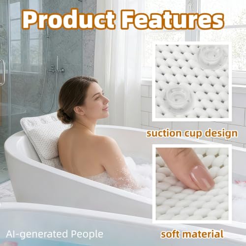 Bathtub Pillow, with Multiple Suction Cups (White) | Soft and Thick Material, Supporting the Neck, and Head - color: White