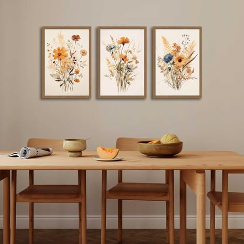 3Pcs Vintage Wildflower Framed Canvas Wall Art Rustic Botanical Floral Pictures Prints for Living Room Bedroom Bathroom Retro Boho Wall Decor for Home Aesthetic 12x16 inch Ready to Hang - color: Orange wildflowers, size: 12x16 inches