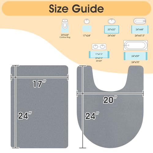 ACCUMTEK Non Slip Bath Mat, Thin Bathroom Rugs Fit Under Door, Quick Dry Bath Mats, Machine Washable Bath Rugs for Bathroom, Bathtub & Kitchen, Bathtub & Kitchen, Grey/Solid/2 Piece - color: Grey, size: 24"x17"+ 24"x20" Contour Rug