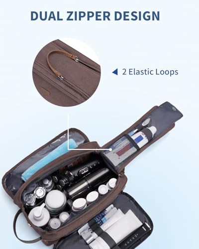 WANDF Toiletry Bag for Men Travel Toiletry Organizer Canvas and Leather Dopp Kit Water-Resistant Shaving Bag for Travel Accessories (Brown, Large) - color: L, Brown, size: Large