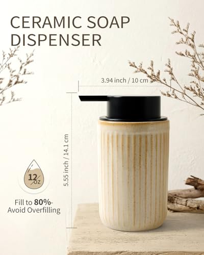 BosilunLife Dish Hand Soap Dispenser - Liquid Pump Soap Dispenser for Bathroom Deco 12oz Ceramic Kitchen Dish Dispenser with Rust-Proof Liquid Pump Modern Refillable Lotion Bottles, Greige - color: Greige Lotion Pump