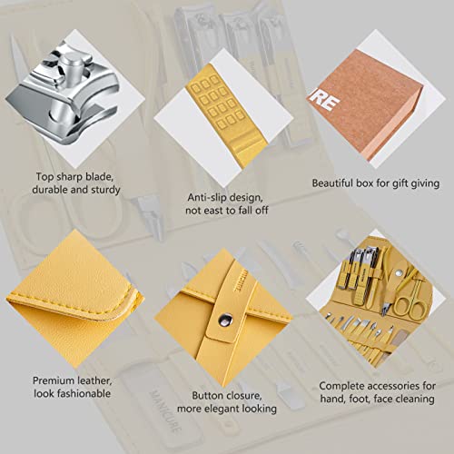 Manicure Set Professional Nail Clippers Pedicure Kit, 16 pcs Stainless Steel Nail Care Tools Grooming Kit with Luxurious Travel Leather Case for Thick Nails Men Women Gift (Yellow) - color: Yellow