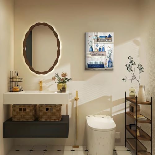 BJVJKSU Navy Blue Bathroom Decor Wall Art Rustic Blue Bathroom Canvas Wall Decor Please Seat Yourself Sign Print Painting Vintage Aesthetic Picture Artwork Decor(16x24in) - color: Blue Wrapped Canvas, size: 24"L x 16"W