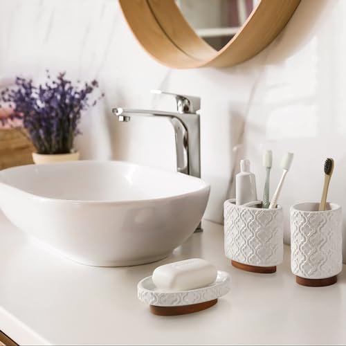 RQYIXI Elegant 5 PCS Ceramic&Wood Bathroom Accessories Set:Soap Dispenser,Toothbrush Holder,Tumbler,Soap Dish,Cotton Swab Jar,Easy to Clean,Quatrefoil Pattern,White-Affordable Home Luxury - color: White Set-5pcs