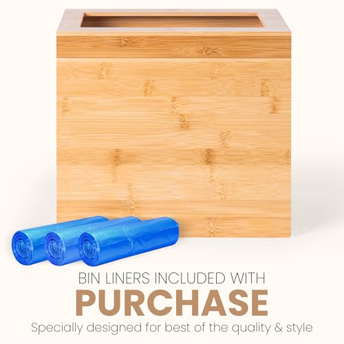 Bamboo Trash Can with Bin Liner Built-in Frame and Premium Lid - Wooden Bathroom Trash can, Bamboo Wastebasket for Bathroom, Bedroom, Living Room, Kitchen or Office
