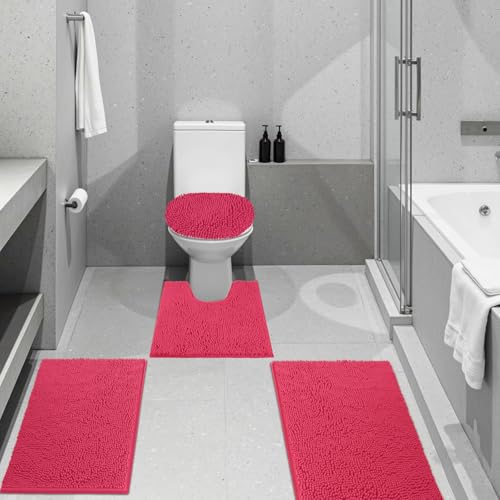 Bathroom Rugs Sets 3 Piece with Adjustable Toilet Seat Cover 19.5"x 18.5" Machine Washable Bath Rug Set with TPR Non Slip Rubber Backing Solid Bath Mat Set for Luxury Bathroom Decoration - color: Hot Pink
