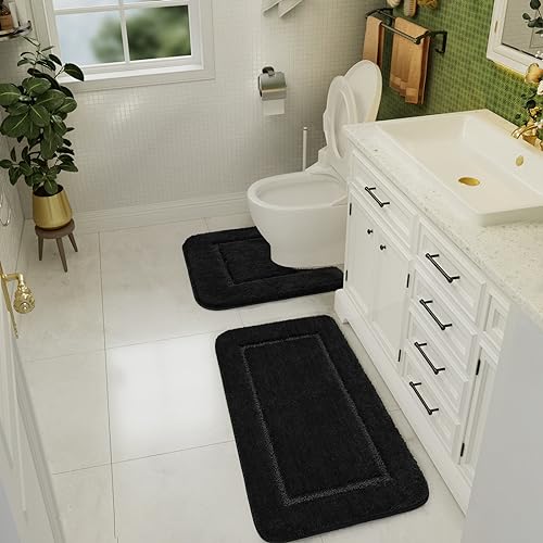 LOCHAS Bathroom Rug Set Black, Soft Bath Rug Set 2 Piece, Toilet Mat U-Shaped 20x20 and 34x20 Bath Rugs, Quickly Dry Mats for Bathroom, Tub, Washable, Super Absorbent Floor Mat - color: Black, size: 34" x 20" Plus 20" x 20" (U-Shape)