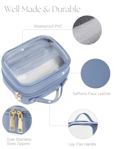 Clear Cosmetic Bag Double Layer Travel Toiletry Bag Clear Makeup Bag Case with 4 Compartments, Transparent Travel Bag for Toiletries, Large Toiletry Bag for Women Cosmetic Case (Dusty Blue, Small) - color: Dusty Blue, size: Small