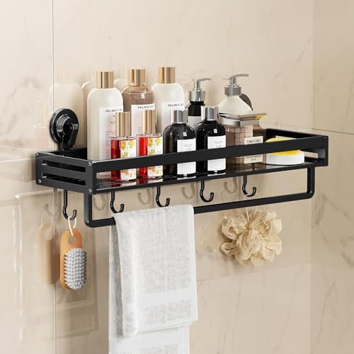 Suction Cup Shower Caddy,11.8 inch Extended Version, with 5 Hooks & Towel Rrack, No Drilling Required, Rust-resistant Bathroom Shower Organizer (1Pack-Black) - size: 11.8 inches(US)