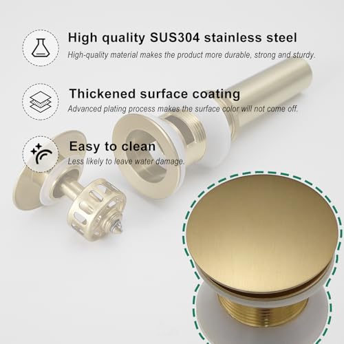 VOTON Brushed Gold Pop Up Bathroom Sink Drain with Overflow Assembly with Strainer Lavatory Vanity Vessel Pop Up Drain Stopper - color: Brushed Gold, size: With Overflow