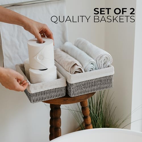 Beautiful Toilet Paper Storage Basket Set of 2 – Decorative Wicker Bathroom Organizer for Toilet Tank Trays - Quality Holder Bin for Shelves Fits Perfectly with Any Bathroom Decor - color: Grey
