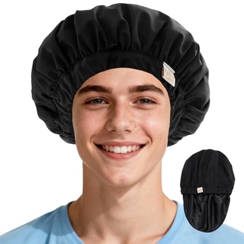 Years calm Shower Cap for Men Waterproof Reusable - Fashion Dual-Layer Design, Adjustable Elastic Band for Long & Curly Hair, XL Bath & Spa Cap for Travel, Satin Lined Shower Cap Black - color: Eternal Obsidian