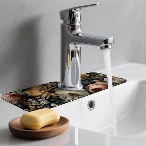 Kitchen Sink Splash Guard，Dark-floral Faucet Mat Sink Gadgets-Super Absorbent Fast Drying Mat Drip Catcher for Kitchen, Bathroom,Sink Mat, Dish Drying Mat, Bathroom(15" X 5.5" ) - color: Dark-floral