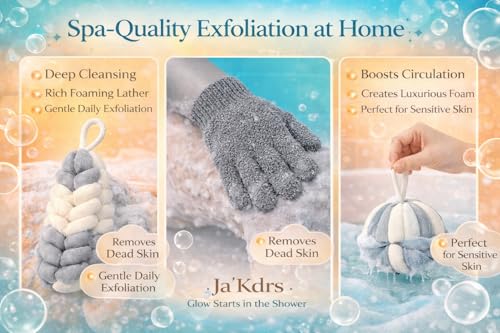 Ja'Kdrs Loofah and Exfoliating Glove Set, 2 Piece Bath Sponge Set (Gray & White) - color: Gray & White