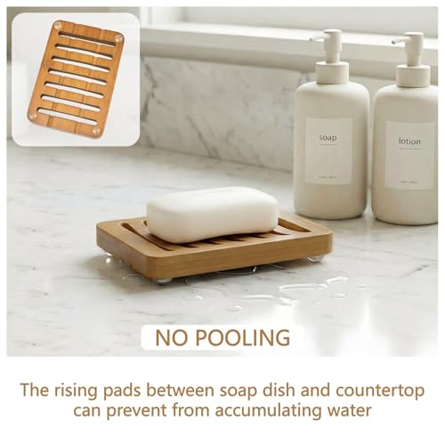 2-in-1 Soap Dish Combo Pack Includes 1 Bamboo Soap Holder and 1 Soap Bag, Slotted Wooden Soap Dish Self Draining, Shampoo Bar Tray for Shower, Bathroom, Countertop (Natural Brown Wood)