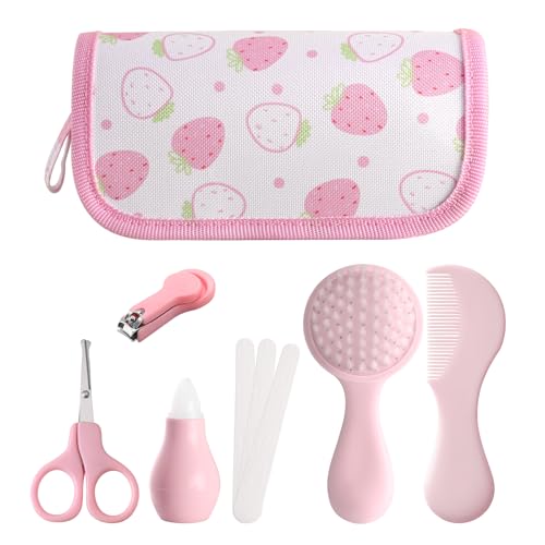Baby Grooming Kit 6 - Piece Set in Storage Bag(Pink) - Soft Brush, Comb, Nail Clippers, Nasal Aspirator, Safety Scissors & File for Newborn/Toddler Care - color: Pink