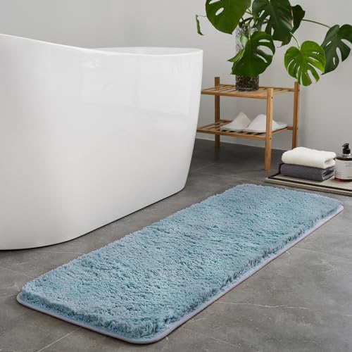 TECHMILLY Super Soft Shaggy Bathroom Runner Rugs, Absorbent Thick Non Slip Microfiber Bath Rugs, Quick Dry Machine Washable Bath Mat for Bathroom Floor, Bathtub and Shower 20"x47" Blizzard Blue - color: Blizzard Blue, size: 17" x 47"