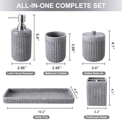 XLHOMO Resin Grey Bathroom Accessories Set 5 Pcs, Lotion Soap Dispenser, Toothbrush Holder, Bathroom Tumbler, Qtip Holder and Vanity Tray, Bathroom Countertop Organizer Set for Modern Home Apartment - color: Grey, size: Resin Bath Set