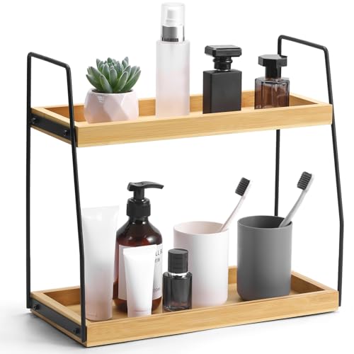 Bamboo Bathroom Counter Organizer, Wooden Bathroom Sink Countertop Organizer, 2 Ties Vanity Counter Top Shelf, Dresser Skincare Storage Rack