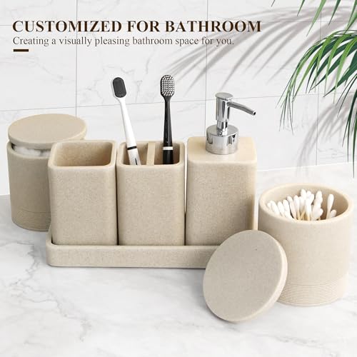 YMXYJM Bathroom Accessories Set, 6 Piece Bathroom Set with Toothbrush Holders, Soap Dispenser, Vanity Tray, Tumbler, Cotton Swab Jars, Bathroom Organizer，Bathroom Sink Sets, Stone Beige - color: Beige