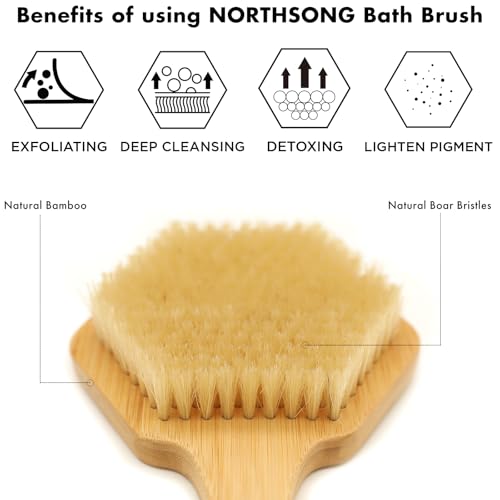 NORTHSONG Large Head Bath Brush, 17.72" Extra-Long Curved Bamboo Handle & Boar Bristles, Back Scrubber for Exfoliating - Ideal for Elderly, Shoulder Pain, Gift Ready - size: 17.72 Inch Back brush-1Pack