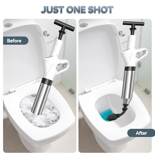 Toilet Plunger, High Pressure Drain Unclogger Plungers with Pressure Gauge, toilet auger Air Drain Blaster, Versatile Heavy Duty Clog Remover for Bathroom, Kitchen, Floor Drain (White) - color: White
