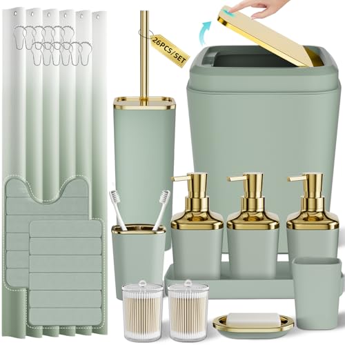 Bathroom Set - 26PC Bathroom Sets with Shower Curtain and Rugs, Bathroom Accessory Set, Sage Green Bathroom Set, Elegant Bathroom Accessories Set, Shower Curtain Set, Trash Can, Soap Dispenser - color: Sage Green & Gold, size: Bath Set+Shower Curtain+Bath
