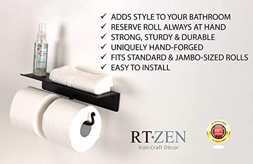 RTZEN Bathroom Toilet Paper Holder with Shelf - Handcrafted Rustic Wrought Iron Wall Decor Toilet Roll Holder - Black Matte Wall Mount Bar for Modern Farmhouse Bathroom Decor - style: Shelf High End
