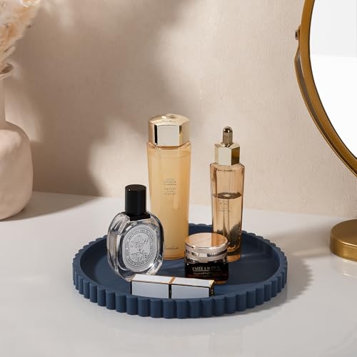 Round Bathroom Tray Silicone Kitchen Counter Decor Vanity Organizer Decorative Coffee Table Tray for Perfume, Candle, Soap Dish, 9 Inch, Dark Blue - color: Dark Blue, size: 9"