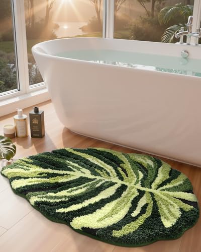 DEXI Leaf Bathroom Rugs Monstera, 47x31.5 Soft Fluffy Cute Bath Mat with Non Slip Backing, Washable Absorbent Bath Rug Quick Dry for Shower Floor, Toilet, Bedroom, Kids Room - color: Ample Monstera Deliciosa-large