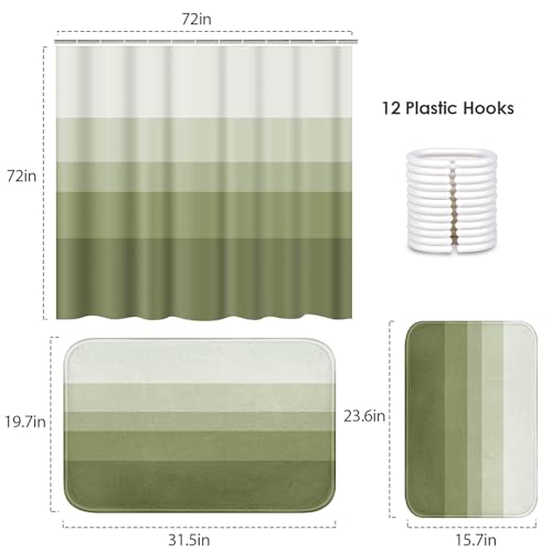ArtSocket Green Olive Ombre Bathroom Set with Shower Curtain and Bath Rugs and Accessories, Striped Modern Neutral Non-Slip, 72" L x 72" W Curtain, 23.6" L x 15.7" W + 19.7"x 31.5" Rugs, 3 Pcs - color: Green Olive Ombre