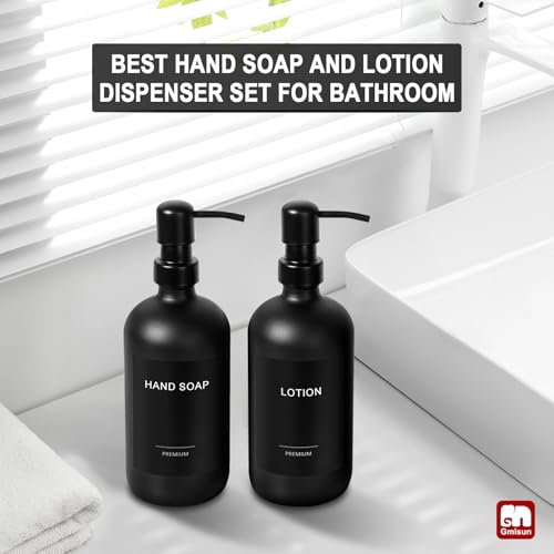 GMISUN Black Soap Dispenser, 2 Pack Matte Black Hand Soap Dispensers Bathroom with Stainless Steel Pump, 17 Fl Oz Glass Dish Soap Dispenser Set for Kitchen, Modern Liquid Soap Bottle with Labels - color: Black Bottle + Black Pump