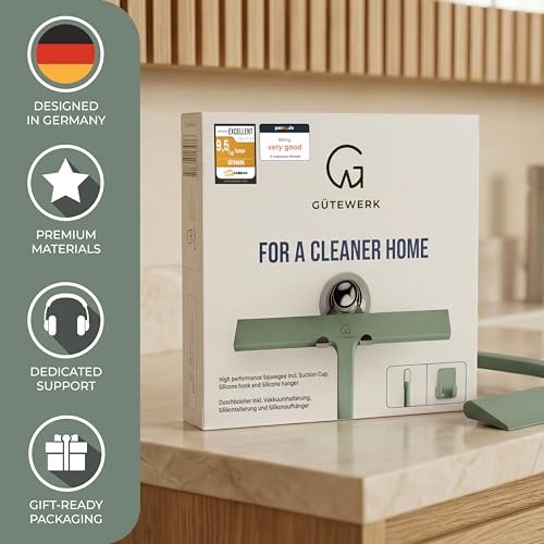 GÜTEWERK Silicone Shower Squeegee for Glass Doors & Mirrors with Stainless Steel Core, Streak-Free & No-Squeak Window Cleaning, 3-in-1 No-Drill Mount (Hook/Suction/Adhesive),Green, 9 Inches - color: Green, size: 9 Inches