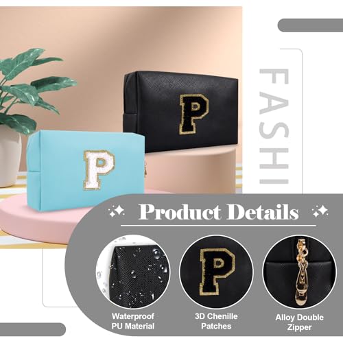Personalized Initial A-Z Preppy Patch Makeup Bag,Small PU Chenille Letter Cosmetic Bag with Zipper for Teen Girls,Black Cute Toiletry Organizer Bag,Monogram Makeup Case Gift for Women Girls,Letter P - color: Black,Black-Letter, size: P