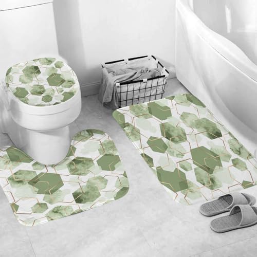 4Pcs Sage Green Geometric Shower Curtain Set, Neutral Modern Art Deco Shower Curtain with Hooks, Elegant Trendy Simple Bathroom Sets with Shower Curtain and Rugs, 71 * 71in - color: Green
