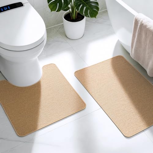 Bathroom Rugs Sets 2 Piece, Thin Bath Mat & U-Shaped Contour Toilet Rug Absorbent Quick Dry, Machine Washable, Non Slip Low Pile Bath Mats for Bathroom/Tub/Sink/Shower (27"x17" Plus 24"x20" U, Khaki) - color: Khaki, size: 17"x27"+U Shape 24"x20"-2pack